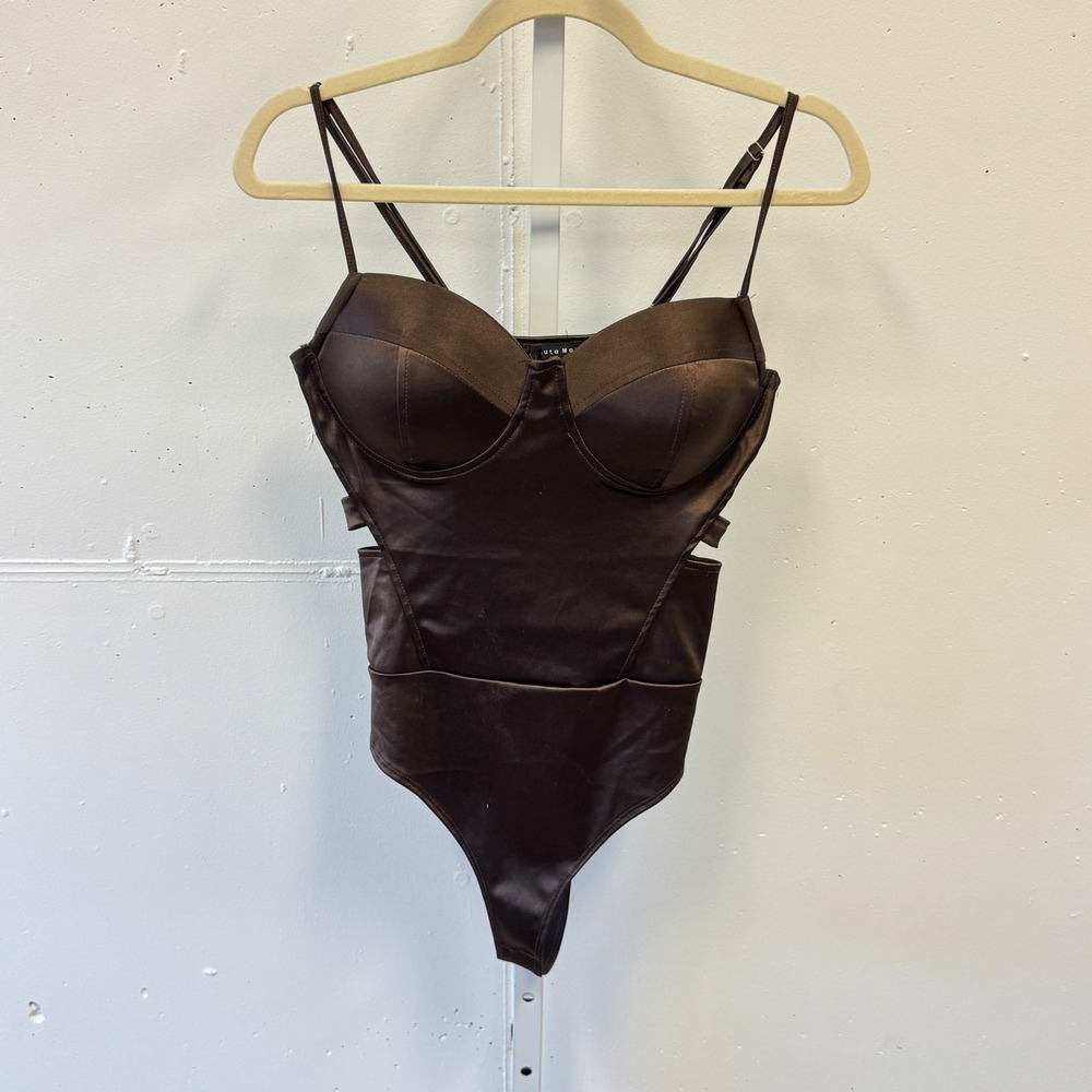 Haute Monde Brown Satin Bustier‎ Bodysuit Cut Out Strappy Back One Piece Medium